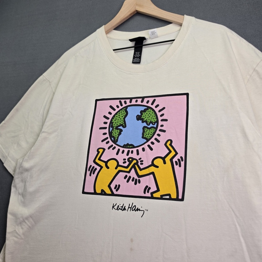 Keith Haring x H&M Art Graphic Tee Mens XXL Cream Relaxed Fit Short Sleeve Shirt